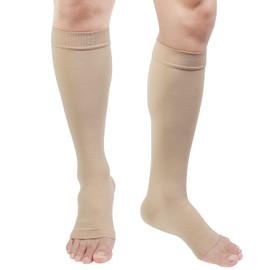 Compression Socks, 20-30 mmHg Graduated Knee-Hi Compression Stockings for Unisex, Open Toe, Opaque, Support Hose for DVT, Pregnancy, Varicose Veins, Relief Shin Splints, Edema, Short Beige S