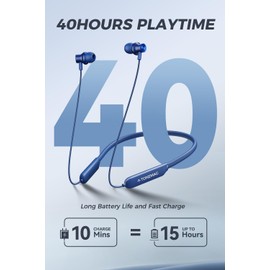TONEMAC Bluetooth Headphones - N8 Wireless Earbuds with Magnetic Neckband | 40Hrs Playtime, IPX6 Sweatproof, Deep Bass Headset for Phone Calls, Music, and Sports - Blue