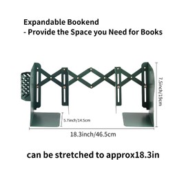 Adjustable Bookends Extra Long Telescopic Size Expandable Book end with Pen Holder, Metal Bookends Holder for Heavy Duty Books, Book Ends for Shelves & Office, Green