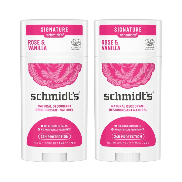 Schmidt's Aluminum Free Natural Deodorant for Women and Men, Rose and Vanilla with 24 Hour Odor Protection, Certified Natural, Vegan, Cruelty Free, 2.65 oz Pack of 2