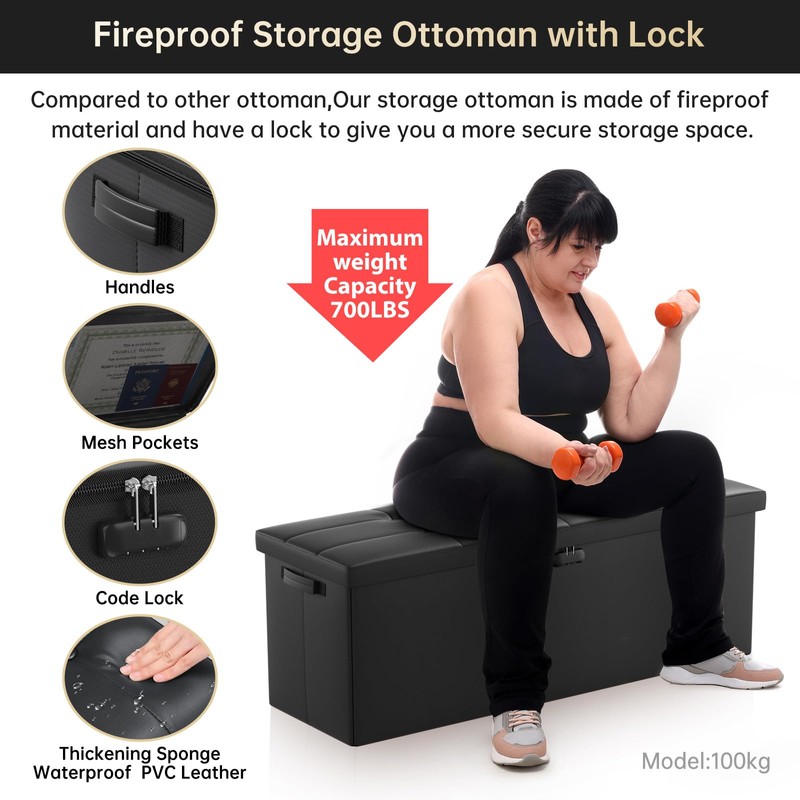 ENGPOW Storage Ottoman, Fireproof Folding Bench with Lock(15”x 43”x15”), Water-Resistant