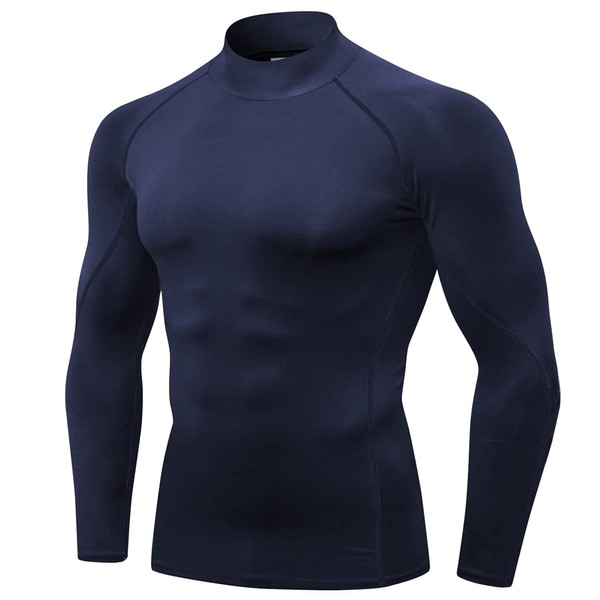 OVIYEGAIN Navy Blue Compression Turtleneck Long Sleeve Sports Undershirt Athletic