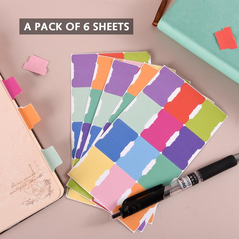 6 Sheets Book Tabs, Sticky Tabs Page Markers, Colorful Index