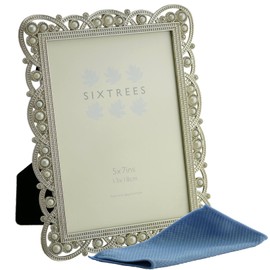 Sixtrees Louisa 2-517-57 Antique Vintage Shabby Chic Style cast silver metal photo frame with pearl beads for a 7"x 5" picture. Complete with our microfibre cleaning cloth