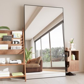 FANYUSHOW 76.3"x37" Full Length Mirror Floor Standing Aluminum Frame for Living Room, Tempered Glass Floor Mirror, Simple Home Decor, Wall Decor for Bedroom & Bathroom, Large Full Body Mirror, Black