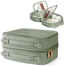 Oaque Clear Cosmetic Bag Double Layer Travel Toiletry Bag White Makeup Bag Case with 4 Compartments, Transparent Travel Bag for Toiletries, Large Toiletry Bag for Women Cosmetic Case (Sage Green)