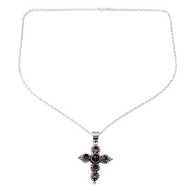 NOVICA Artisan Handcrafted Amethyst Cross Necklace Sterling Silver Reconstituted Turquoise Purple Pendant India Birthstone [necklace Length 18 in L Necklace Width 2 mm W Pendant(s) 1.6 in L x 1 in W ]