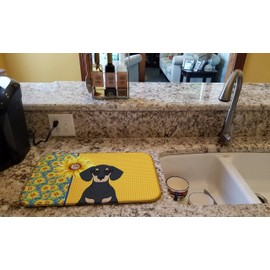 Caroline's Treasures WDK5396DDM Summer Sunflowers Black and Cream Dachshund Dish Drying Mat Absorbent Dish Drying Mat Pad for Kitchen Counter Dish Drainer Mat for Countertop, 14 x 21", Multicolor