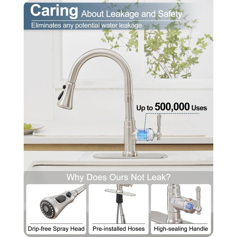 HOIGY Brushed Nickel 3-Function Pull-Down Sprayer Kitchen Faucets, 1 or