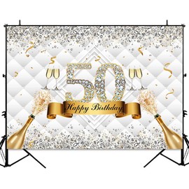 Sensfun White Happy 50th Birthday Backdrop Gold Silver Glitter Champagne Photo Background for Fabulous 50th Birthday Party Decorations Shiny Diamond Fifty Years Old Photo Booth Banner Props 7x5ft