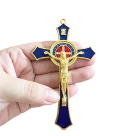 Saint Benedict Benedictine Red Enamel 4.7X2.7 Inch Protection Wall Crucifix Cross Catholic San Benito Medalla Prayer Decoration (Blue)