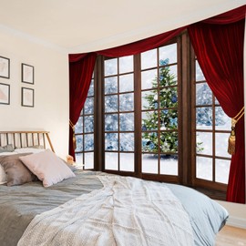 LB Snow Forest Tapestry Christmas Tree with Blue Ball Wall Hanging Tapestry Red Curtain Wood Window Tapestries for Living Room Bedroom Dorm Wall Decor,78x59 inch