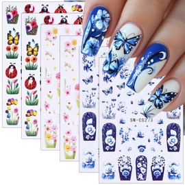 6 Sheets Spring Nail Decals for Nail Art Colorful Flower Nail Stickers 3D Self-Adhesive Ladybug Flowers Nail Supplies Pink Yellow Blue Butterfly Nail Art Stickers for Women Girls Nail Decoration