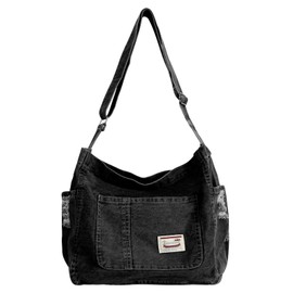 Ausing Women's Jeans Bag Large Denim Carry Bag with Inner Pockets Women's Jeans Shoulder Bag Large Women's Jeans Shoulder Bag Large Reusable Shopper for Shopping Office Travel, black
