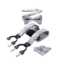 HISDERN - Juego de 6 tirantes, diseño floral y corbata de lazo y bolsillo cuadrados, con tirantes ajustables en forma de Y, Plateado / negro, Talla única