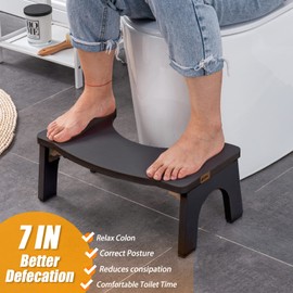 Toilet Stool Wood, Foldable Poop Stool for Adults, 7" Squat Poop Stool Extra Sturdy & Wide Wooden Toilet Squat Step Stool with Anti-Slip Feet by CHEAGO,380 lbs Black
