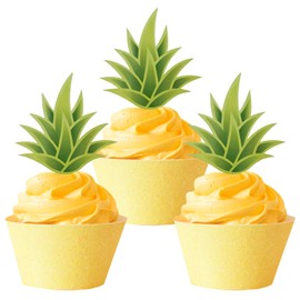 24Pcs Pineapple Cupcake topper, Tropical Cupcake Toppers, Aloha Decorations for Luau Hawaiian Theme Baby Shower Birthday Wedding Party Supplies (Pineapple)