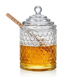 kanpura Clear Crystal Honey Pot with Dipper and Lid Glass Honey Jar with Dispenser Honey Holder and Syrup Container for Christmas Home Kitchen Decor,9 oz