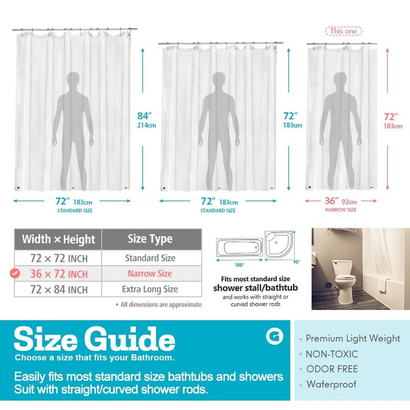 Ga-Geetopia Narrow Size - Thin PEVA Clear Plastic Shower Curtain