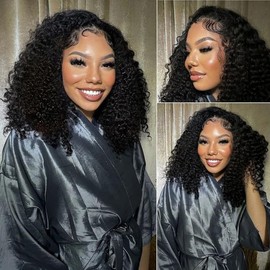 13x6 Human Hair Wig Lace Front Wig 180% Density Deep Wave Lace Front Wigs Human Hair with Baby Hair 100% Real Natural Wig Brazilian Curly Wigs for Black Women Natural Color (Deep 16 Inch)
