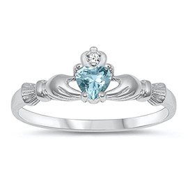 Sterling Silver Irish Claddagh Friendship Ring Simulated Aquamarine Heart Size 10