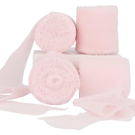 4 Rolls Chiffon Silk Ribbon Frayed Edge Chiffon Ribbon 1-1/2 Inch Wide 21 Yards Long Handmade Fringe Silk Chiffon Ribbon for Crafts Weddings and Home Decor Pink #22