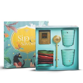 CHAYAM Luxury Tea Gift Set |10 Assorted Tea Bags, Magical Cinnamon 50g, 2 Cups & Brass Strainer | Assorted Gift Box Hamper