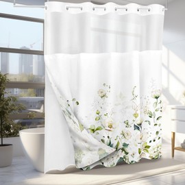 Tititex No Hooks Snap in Liner White Floral Green Leaves Shower Curtain Sets, Hotel Luxury Double Layers Waterproof Fabric & See-Through Top Window Bathroom Decorative 72x72 Inch