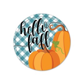 Hello Fall Plaid Pumpkin Circle Shaped Fall Wreath Sign 9 Inches Round Metal Sign Bar Family Name Outdoor Metal Wall Decoration Signs Choose Your Sign Metal Signs Custom