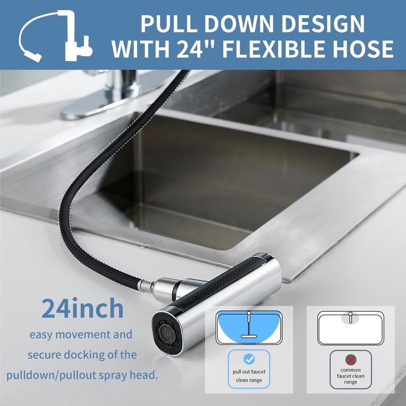 Kitchen Faucet Pull Down 4 Modes(Sweep/Stream/Waterfall/Rainfall) Chrome Kitchen Faucets Pull