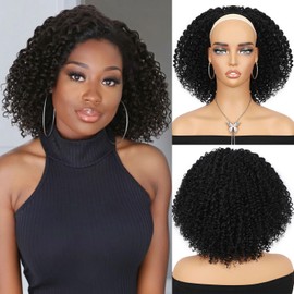 FANCEE Kinky Curly Half Wig Afro Curly Synthetic Wig With Headband for Black Women DIY Hair Style (Black, Kinky Curly)
