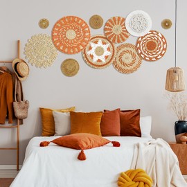 Tatuo 11 Pcs Boho Wall Basket Decor Decorative Bulrush Woven Basket Wall Decor Art Round Farmhouse Hanging Baskets for Kitchen Rustic Home Summer Decorations, Multi Sizes(Delicate)