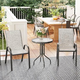 amopacorp Products 3-Piece Patio Bistro Dining Furniture Set w/Tempered Glass Tabletop, 2 Breathable Mesh Chairs, Steel Frame- Gray, Black