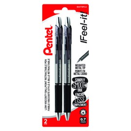 Pentel Feel-It!, Low Viscosity, Retractable Ballpoint Pen, Everyday Writing, Office Supplies, School Supplies, Black Ink, Metal Tip, 0.7mm Medium Point, BX477BP2-A, 2 Pack