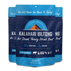 Garlic Kalahari Biltong, Air-Dried Thinly Sliced Beef, 2oz (Pack of 3), Sugar Free, Gluten Free, Keto & Paleo, High Protein Snack