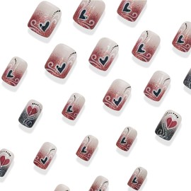 NEWSPIED 24Pcs French Tips Press on Nails Valentine Fake Nails Short Glue on Nails Glitter Heart Designs Full Cover Acrylic False Nails Valentine's Day Stick on Nails for Women DIY Manicure Design