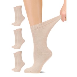 LAETAN Women's Diabetic Crew Socks, Soft Rayon made from Bamboo | Loose Fit, Seamless, Wide Stretchy, Non-Binding | 3 Pairs, Light Beige, Shoe Size: 6-9