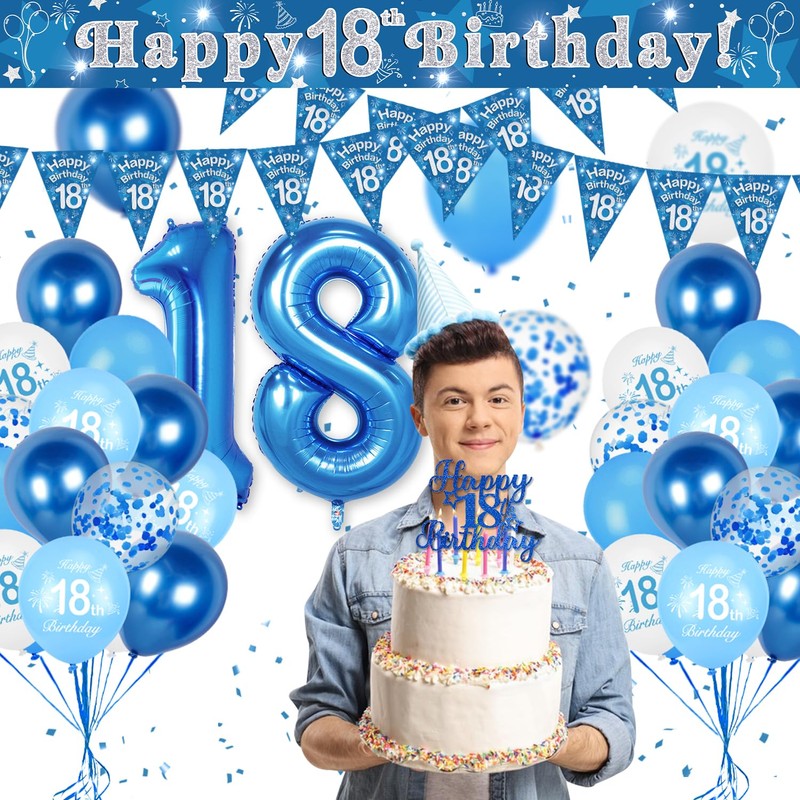 Decorazioni per 18° compleanno, palloncini blu per 18° compleanno, striscione