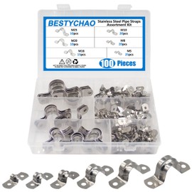 BESTYCHAO 100 Pieces Pipe Band Clamps Assortment Kit, 304 Stainless Steel U-Bracket Tube Belt Saddle Clips, M5 M8 M10 M16 M20 M25 Two Holes Pipe Band Tension Clips