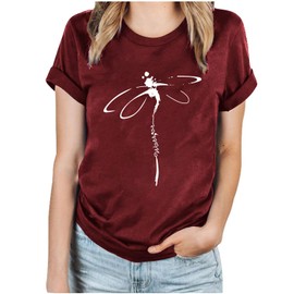 BAOKUAN Women's Dragonfly Graphic Tees Trendy Casual Loose Summer Funny Cute Printed Short Sleeve Shirts Tops Wine Red