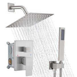 YCAIKOI Brushed Nickel Shower System, 8 Inch High Pressure Rain Shower with Handheld, Wall Mount Shower Faucet Set for Bathroom, Rough-in Valve Body and Trim Included