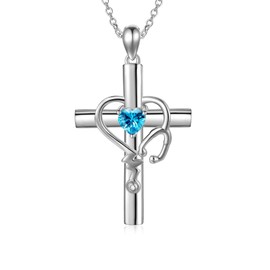 LONAGO Stethoscope Necklace Cross Pendant Silver Nurse Necklace with March Birthstone Gifts for Women