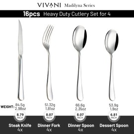 VIVANI 16 Piece Heavy Duty Silverware Set with Steak Knives for 4, Stainless Steel Cutlery Set, Modern Flatware Set, Utensils Set for Home, Dorms, Wedding, Party, Mirror Polished and Dishwasher Safe