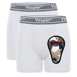Youper Boys Compression Brief with Soft Protective Athletic Cup, Youth Underwear for Baseball, Football, Hockey, Lacrosse (Medium, White & White)