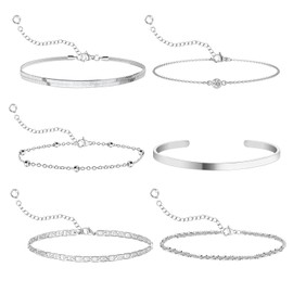 6Pcs Silver Bracelet for Women Ladies, Silver Stacking Bracelets Layered Dainty Link Chain Bracelet Cuban Figaro Bead Chain Bracelets Adjustable CZ Link Silver Bracelet Set for Women Girls