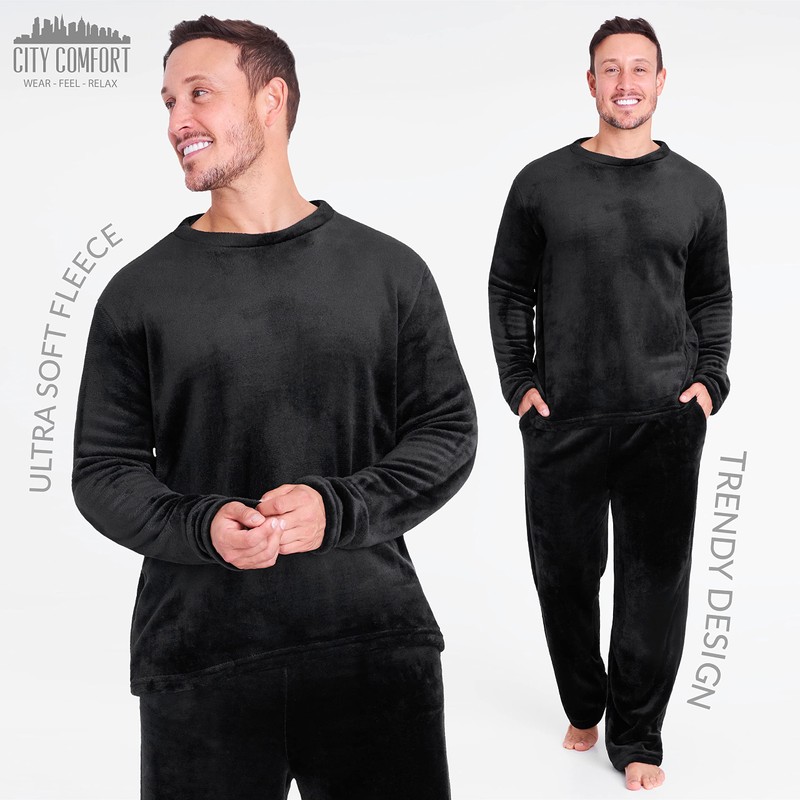 CityComfort Men's Long Fleece Pyjamas, Winter - black, size: xxl