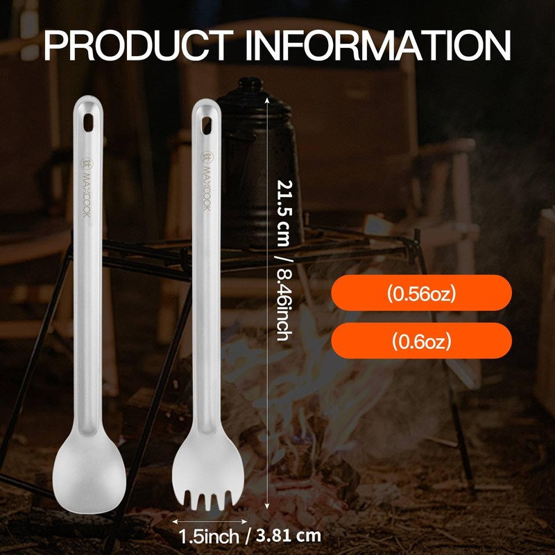 MAXCOOK Titanium Spork, 2 Pieces Titanium Spork with Long Handle,