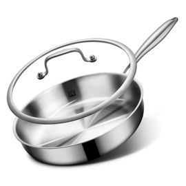 GOLDEN KEY 12 Inch Tri-Ply Stainless Steel Frying Pan, Stainless Steel Pans with Lid,Stainless Steel Skillet Induction All Cooktops, PFOA/PTFE Free Skillet,Health&Safety,Heavy Duty&Fast & Even Heat