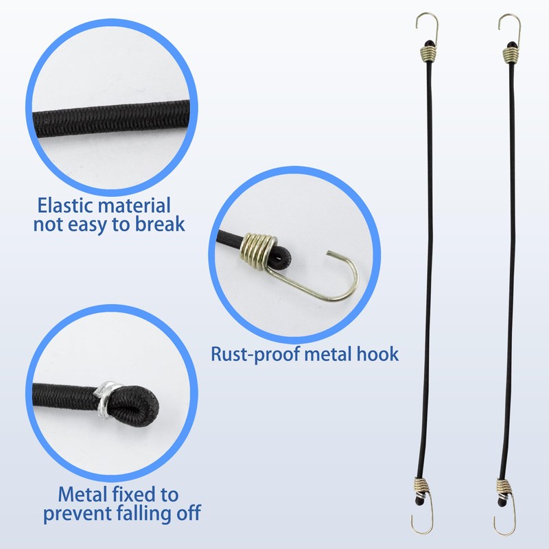 PDETVEO 12 Inch Mini Bungee Cords with Hooks, Black Elastic