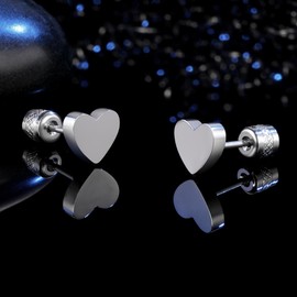 Titanium Love Heart Screw Back Earrings for Women Men Hypoallergenic for Sensitive Ears Cubic Zirconia, Titanium, Cubic Zirconia